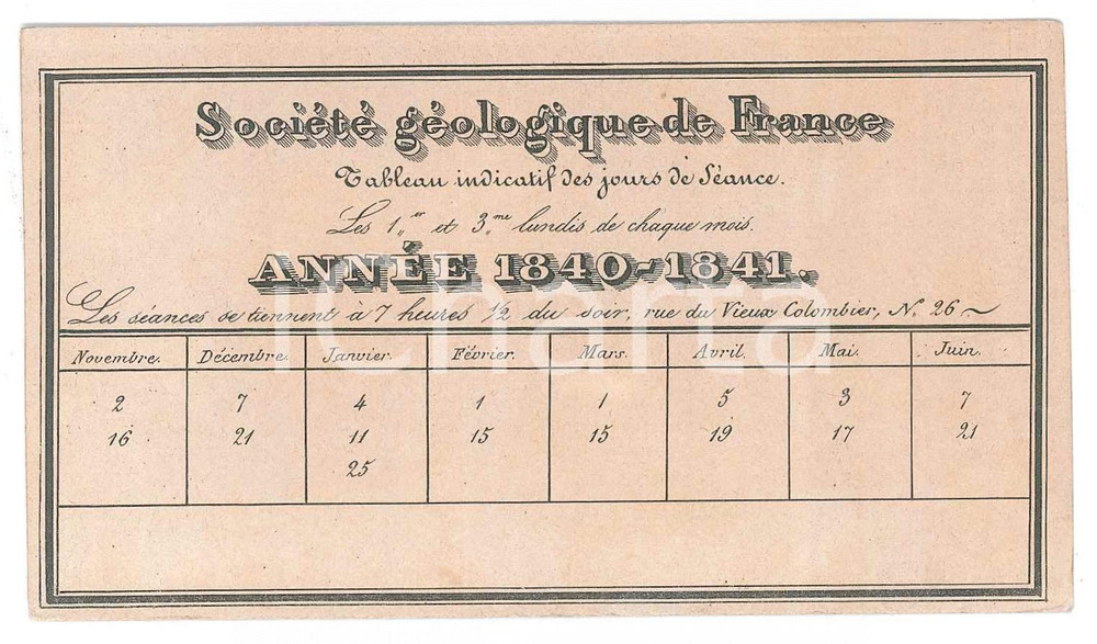 Oggetto da collezione cartaceo 1840 PARIS SociÃ©tÃ© GÃ©ologique de France  Tableau jours de sÃ©ance  Billet 1