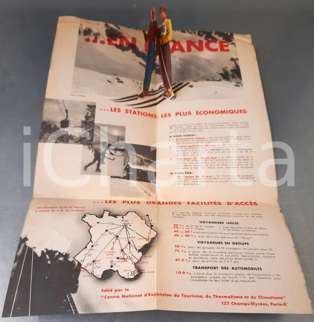 Materiale pubblicitario d’epoca 1937 TURISMO  FRANCE Chaussez vos skis  Pieghevole con popup 1