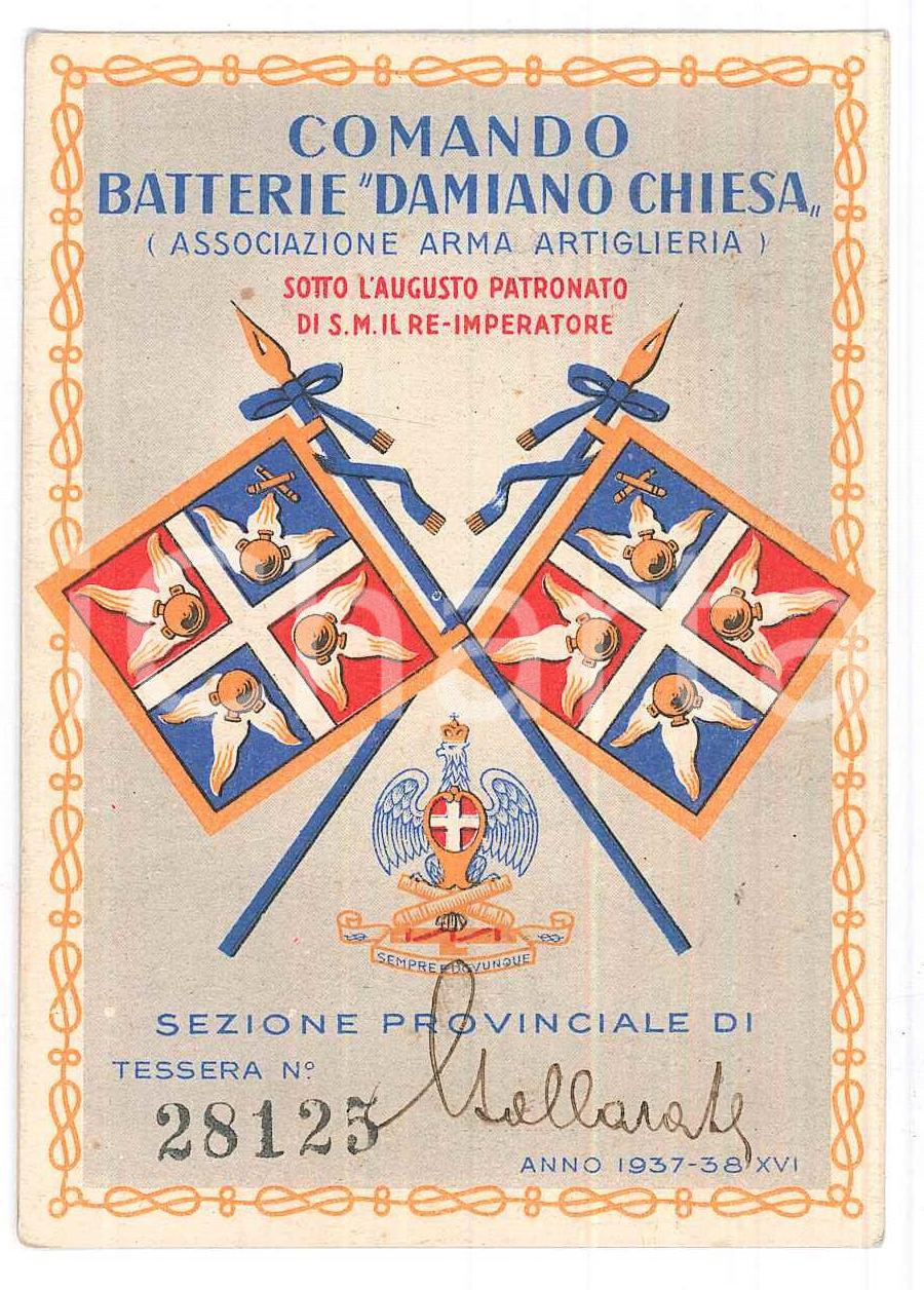 Oggetto da collezione cartaceo 1938 GALLARATE VA Comando Batterie DAMIANO CHIESA  Tessera iscrizione 1