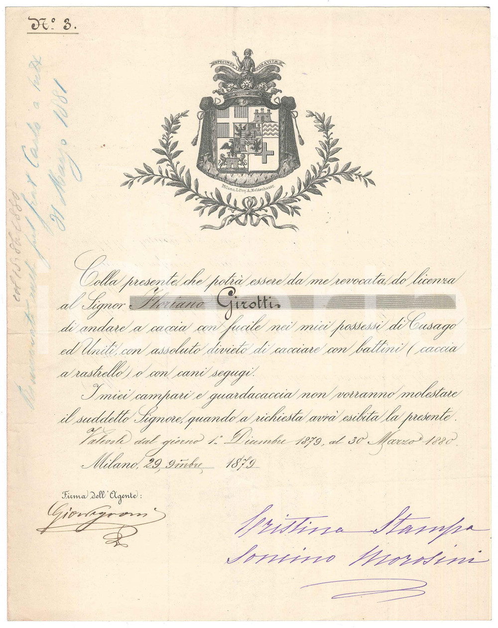 Documento originale, autentico 1879 MILANO CUSAGO Licenza caccia con fucile Autografo Cristina STAMPA SONCINO 1