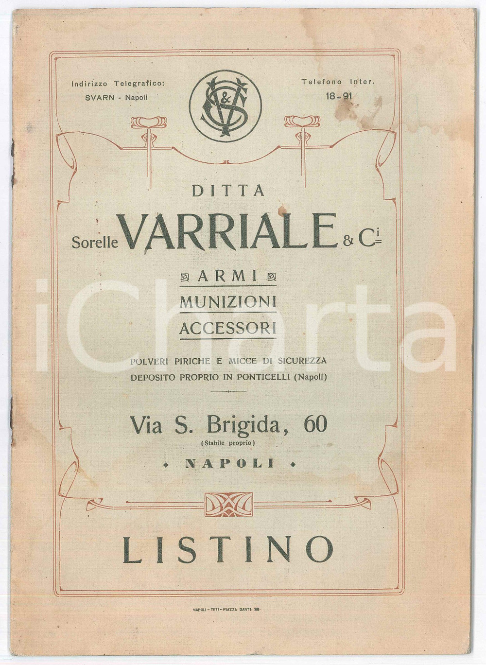 Libro, pubblicazione d epoca 1910 ca NAPOLI Ditta Sorelle VARRIALE  Armi, munizioni, accessori Listino RARO 1