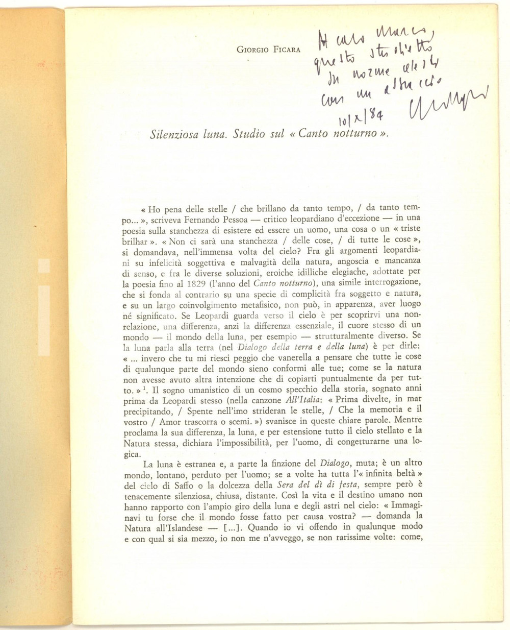 Libro, pubblicazione d epoca 1984 Giorgio FICARA Silenziosa luna. Studio sul Canto notturno Invio AUTOGRAFO 1