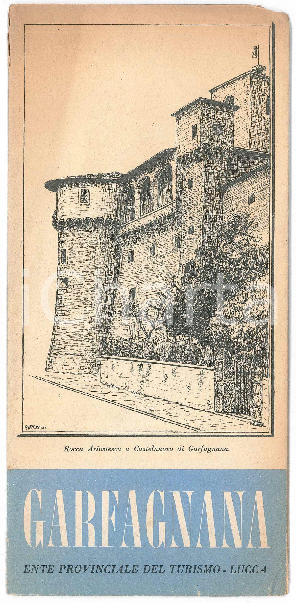 Materiale pubblicitario d’epoca 1950 ca TURISMO LUCCA  Visitate la GARFAGNANA  Pieghevole DANNEGGIATO 1