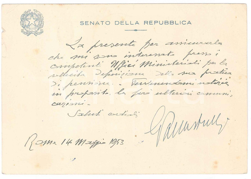 Autografo originale 1953 ROMA Senatore Giovanni PALLASTRELLI  Biglietto su pratica AUTOGRAFO 1