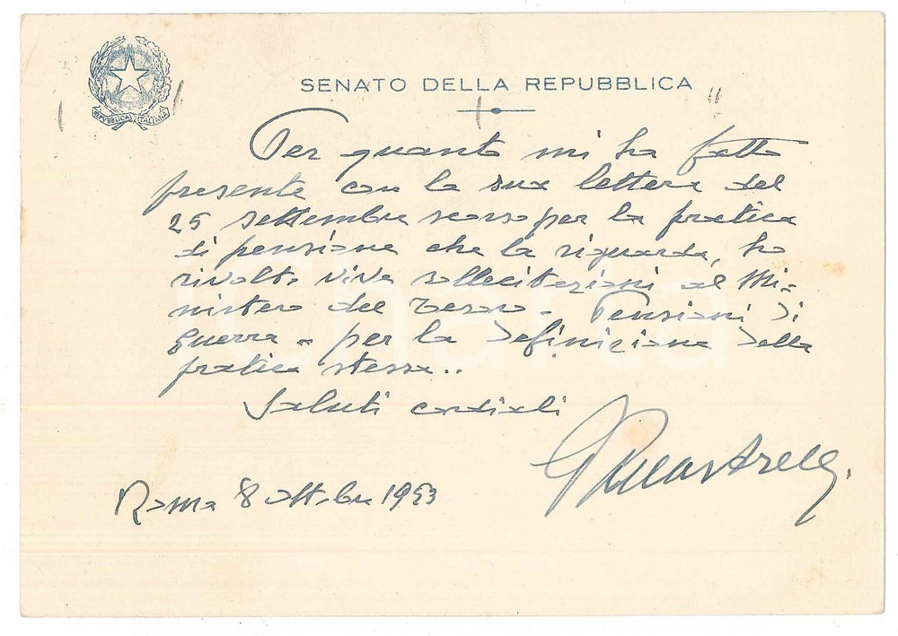 Autografo originale 1953 ROMA Senatore Giovanni PALLASTRELLI  Pensioni guerra  AUTOGRAFO 1
