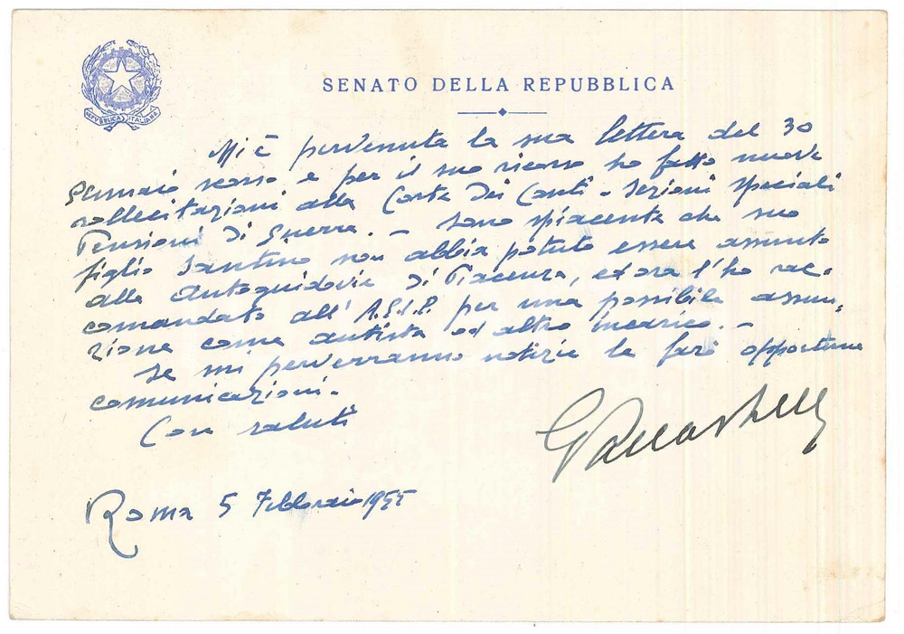 Autografo originale 1955 ROMA Biglietto sen. Giovanni PALLASTRELLI su pensione guerra  AUTOGRAFO 1
