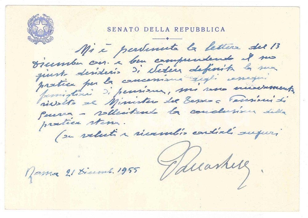 Autografo originale 1955 ROMA Senatore Giovanni PALLASTRELLI pro pensione  AUTOGRAFO 1