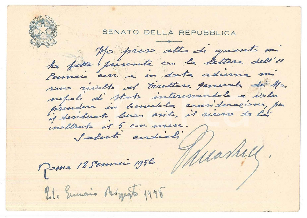 Autografo originale 1956 ROMA Biglietto sen. Giovanni PALLASTRELLI pro ricorso  AUTOGRAFO 1