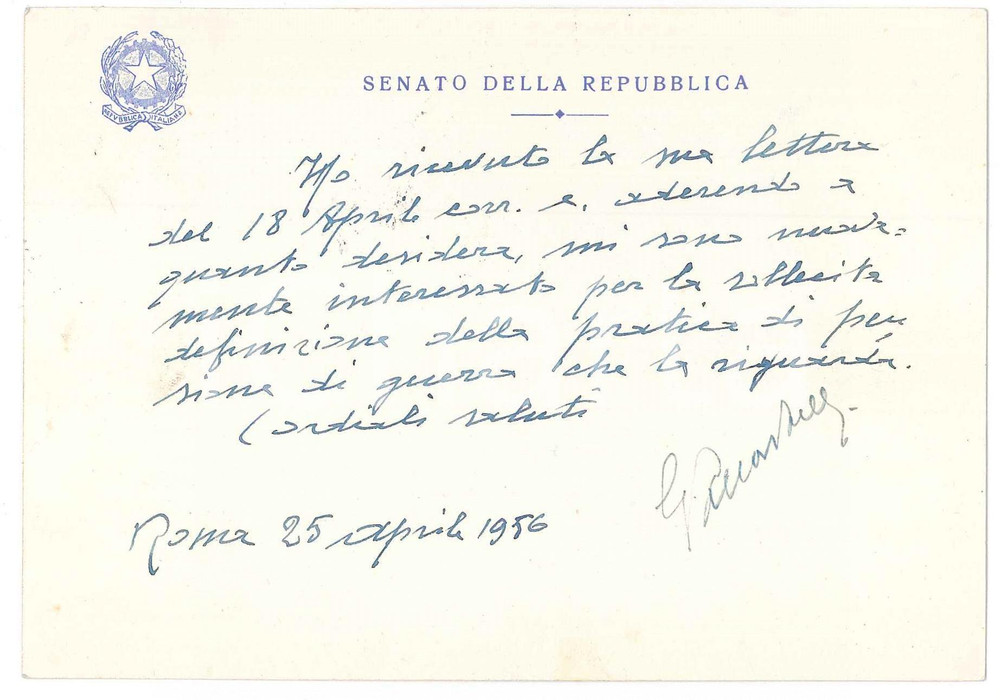Autografo originale 1956 ROMA Biglietto sen. Giovanni PALLASTRELLI  AUTOGRAFO 1
