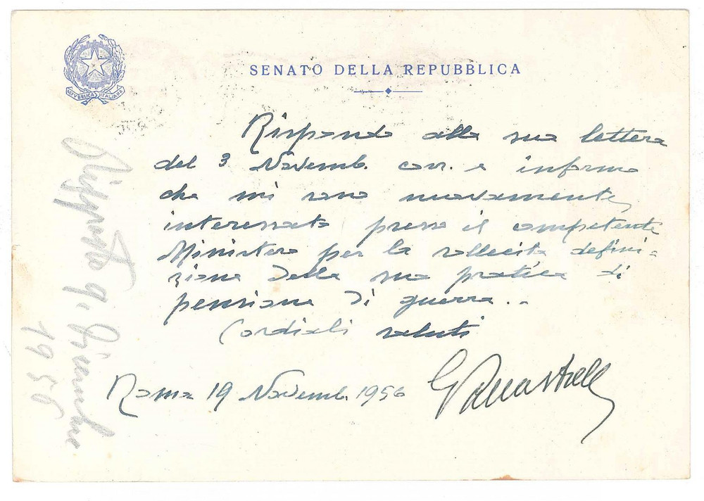 Autografo originale 1956 ROMA Senatore Giovanni PALLASTRELLI pro pensione AUTOGRAFO 1