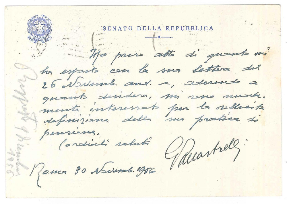 Autografo originale 1956 ROMA Senato della Repubblica  Giovanni PALLASTRELLI  Biglietto AUTOGRAFO 1