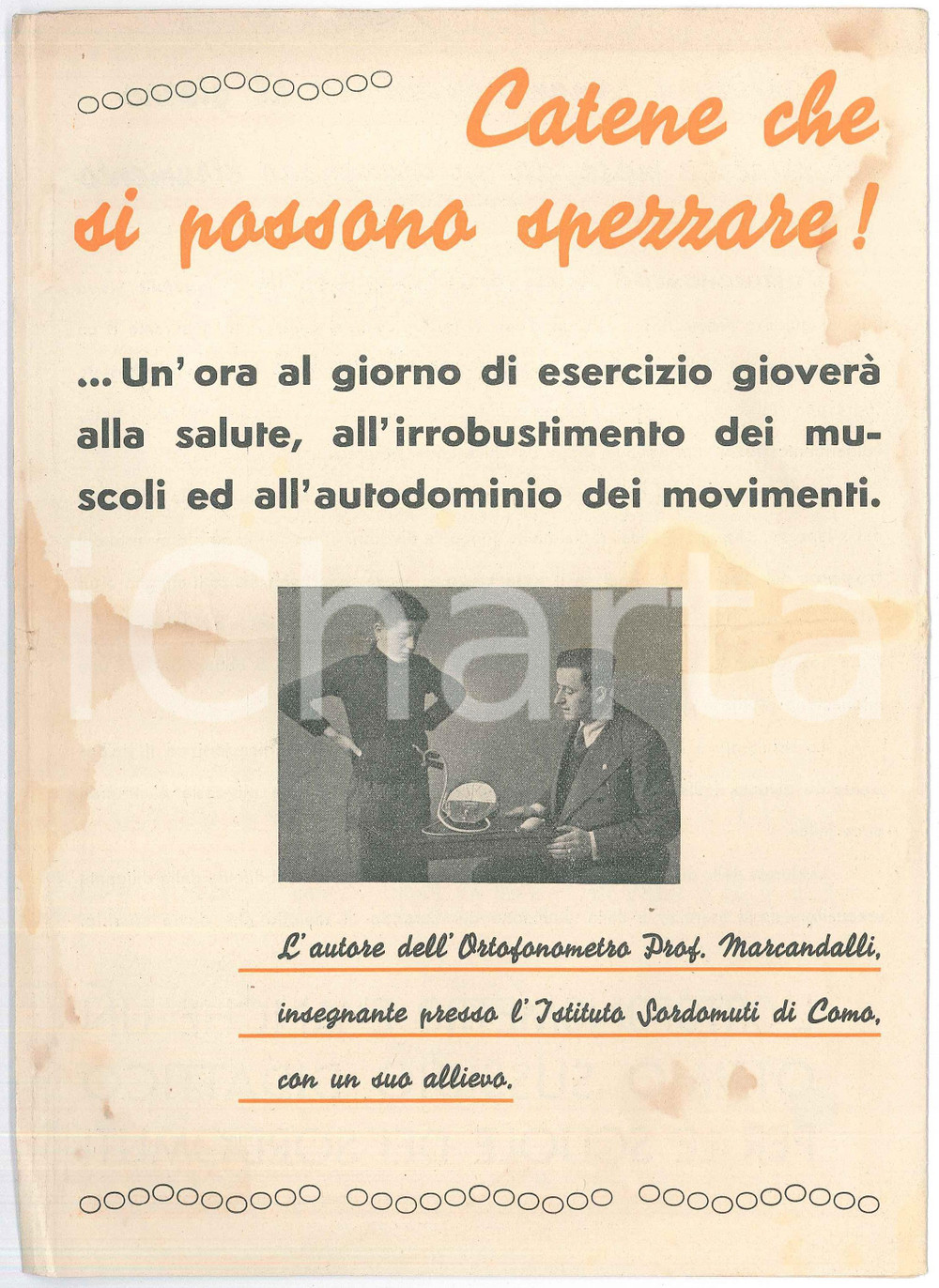 Materiale pubblicitario d’epoca 1935 COMO Ditta BALBUS Ortofonometro Prof. MERCANDALLI pro balbuzie Pieghevole 1