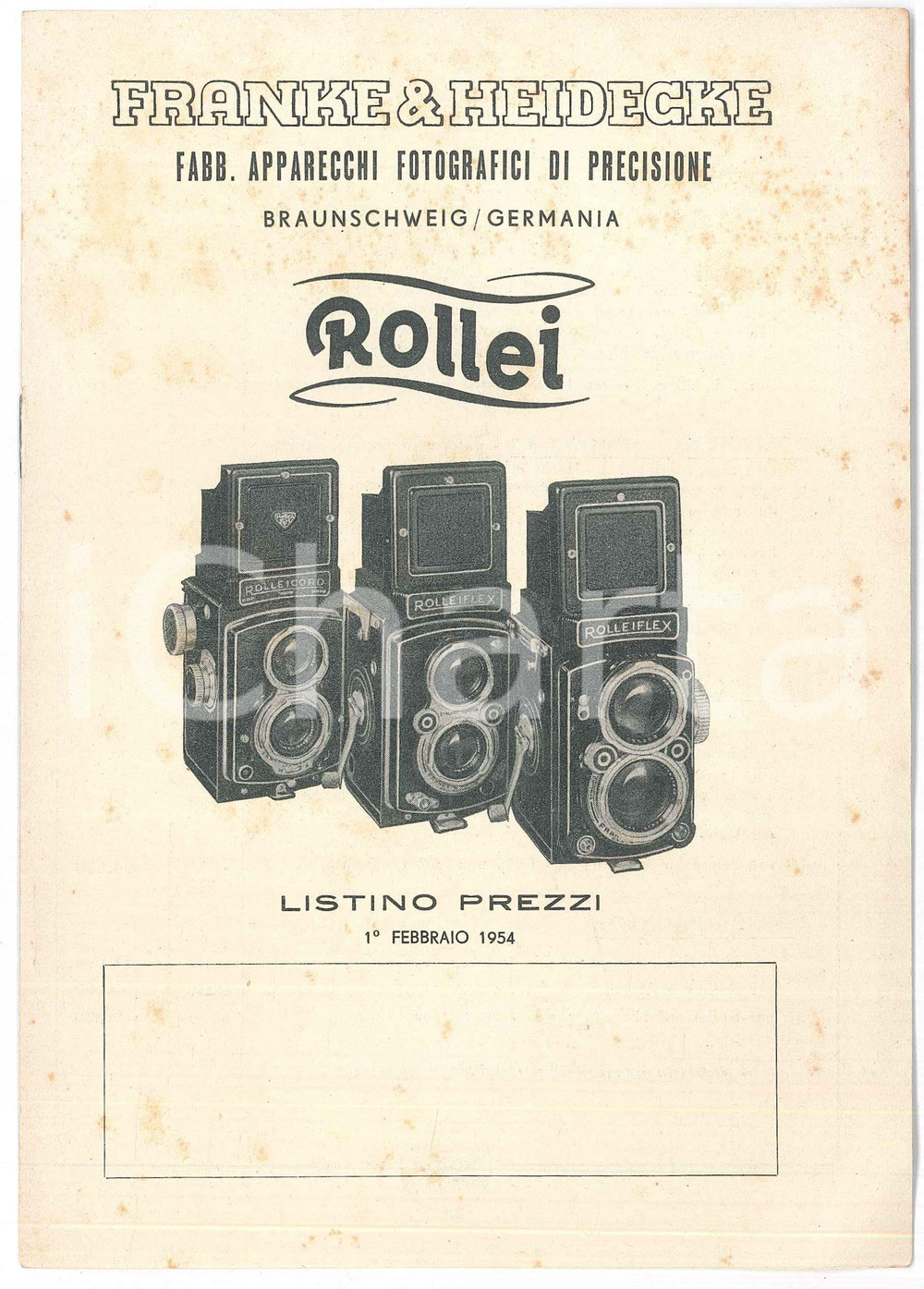 Materiale pubblicitario d’epoca 1954 MILANO Apparecchi fotografici ROLLEI  FRANKE & HEIDECKE Listino prezzi 1