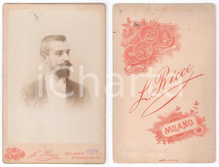 Fotografia d epoca originale 1894 MILANO Ritratto di giovane uomo  Busto Foto L. RICCI 11x16 cm 1