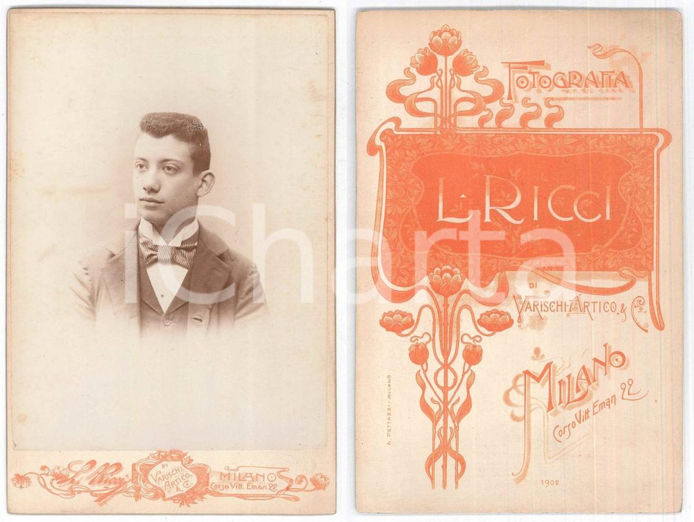 Fotografia d epoca originale 1902 MILANO Ritratto di adolescente  Busto Foto L. RICCI 11x16 cm 1