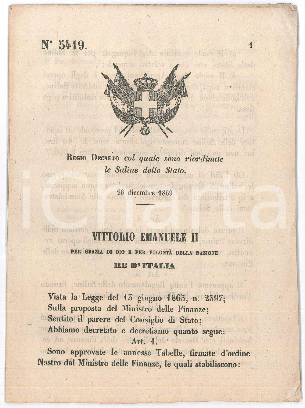 Documento originale, autentico 1869 REGNO D ITALIA Regio Decreto per riordinare le Saline dello Stato 1