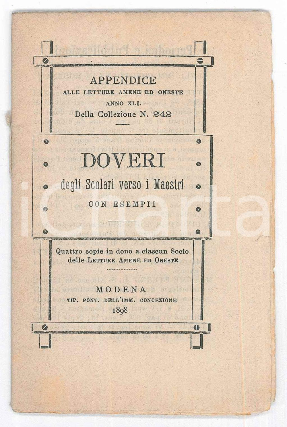 Libro, pubblicazione d epoca 1898 LETTURE AMENE E ONESTE Doveri degli scolari verso i maestri Appendice 242 1