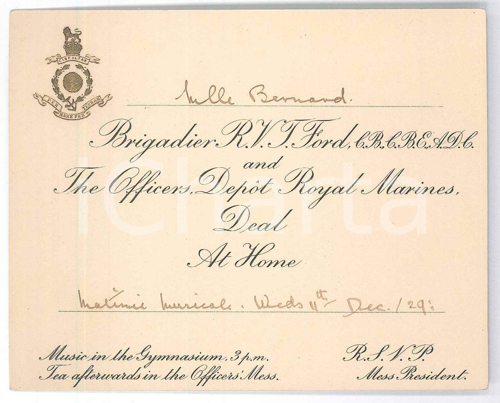 Oggetto da collezione cartaceo 1929 DEAL KENT UK Brigadier FORD and Officers  Depot Royal Marines Invitation 1