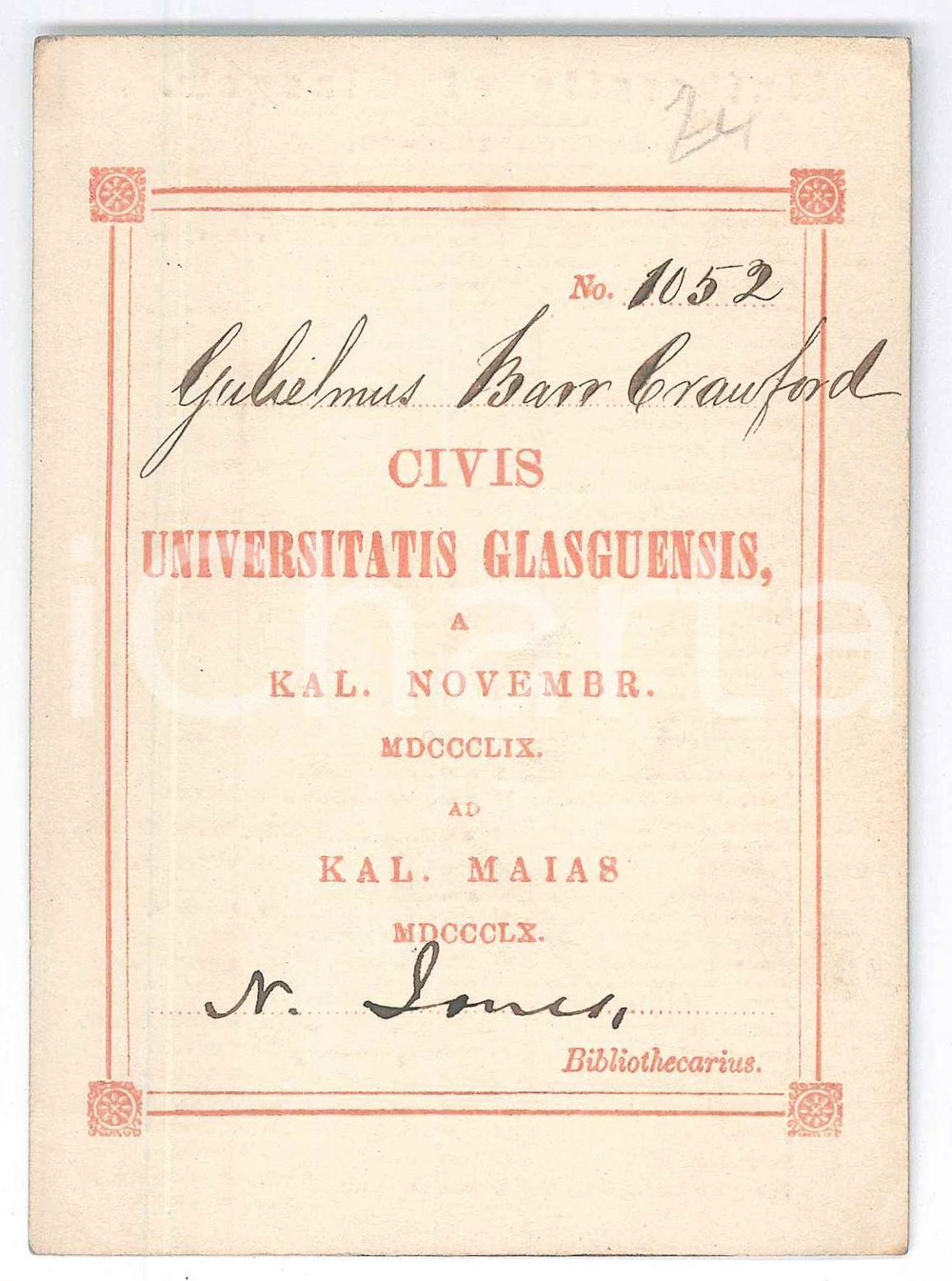 Oggetto da collezione cartaceo 1860 SCOTLAND  University of GLASGOW  Tessera William BARR CRAWFORD 1