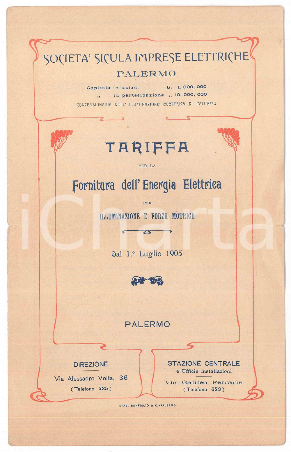 Libro, pubblicazione d epoca 1905 PALERMO SocietÃ  Sicula Imprese Elettriche  Tariffa fornitura energia 1