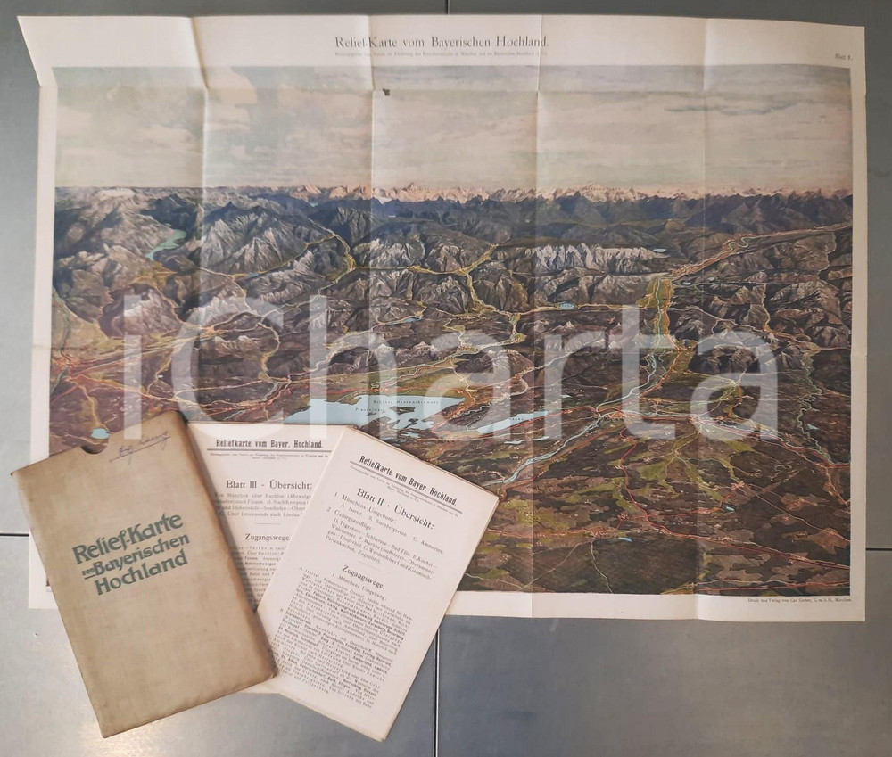 Mappa, planimetria storica 1930 ca GERMANY Reliefkarte Bayerischen Hochland  Blatt 123 Kolorierte Karte 1