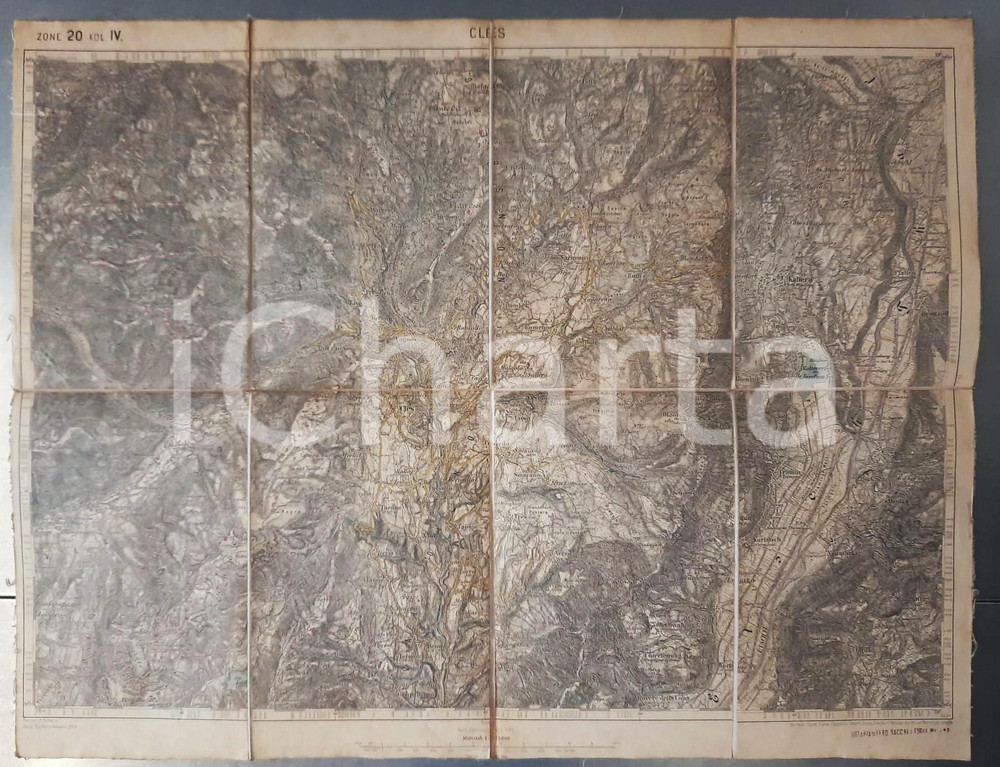 Mappa, planimetria storica 1900 ca TRENTINO  CLES  Mappa su tela 54x43 cm ed. ARTARIA 1