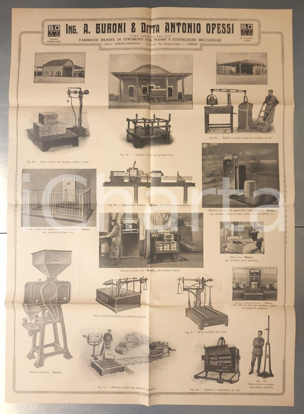 Materiale pubblicitario d’epoca 1910 ca TORINO Ing. A. BURONI & Ditta Antonio OPESSI  Bilance Manifesto 50x70 1
