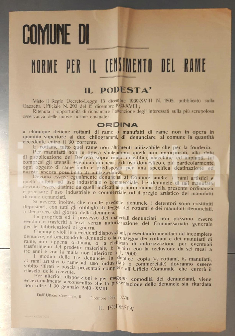 Documento originale, autentico 1939 Area di PAVIA  Norme per il censimento del rame Manifesto 39x55 cm 1
