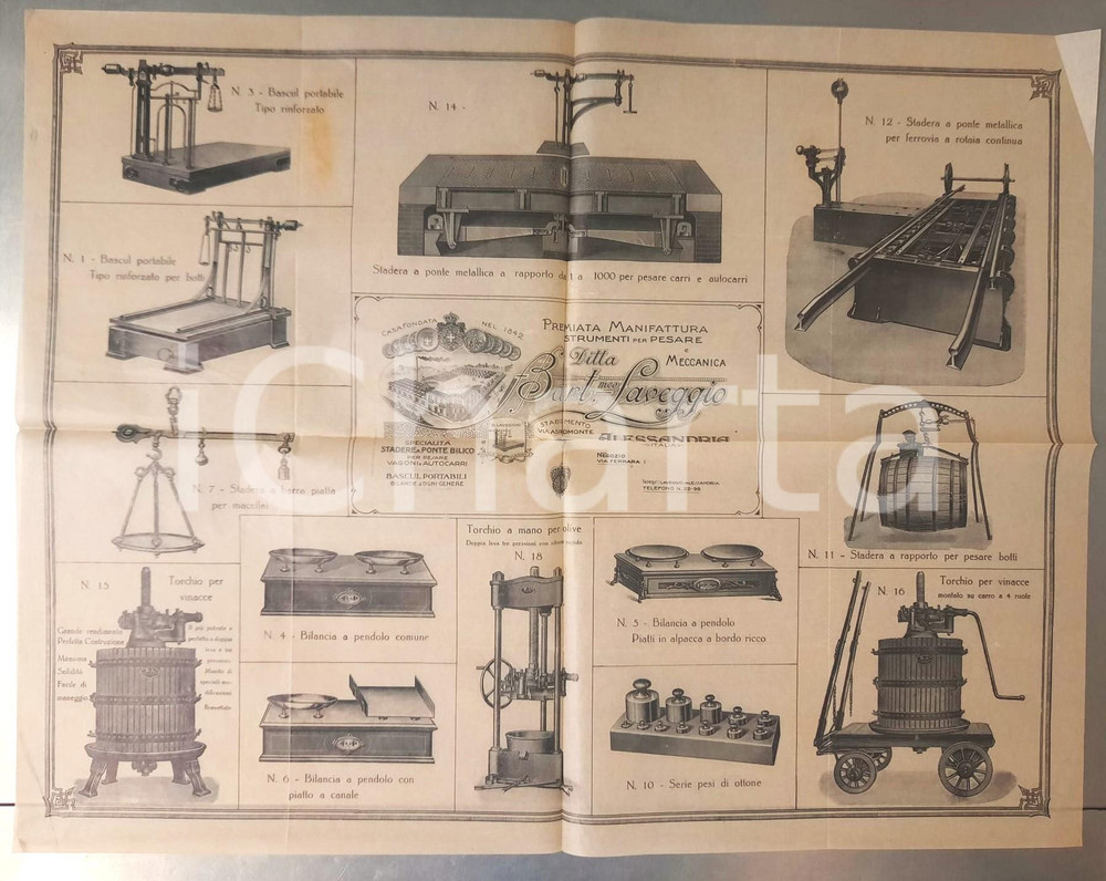 Materiale pubblicitario d’epoca 1910 ca ALESSANDRIA Ditta Bartolomeo LAVEGGIO Strumenti per pesare Manifesto 1