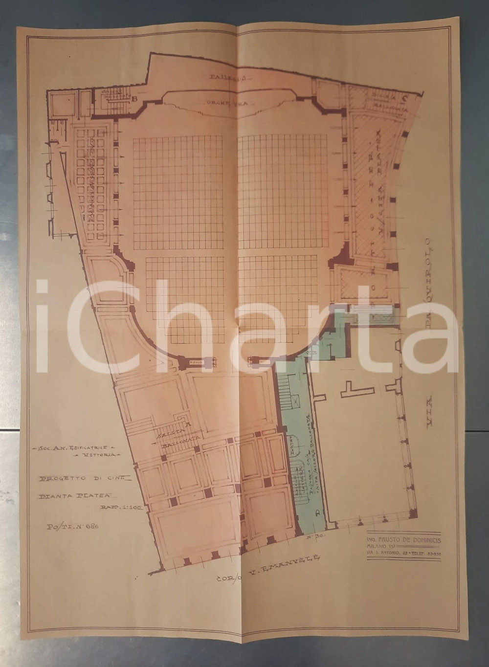 Mappa, planimetria storica 1925 ca MILANO Edificatrice VITTORIA  Progetto cinema SAN CARLO  Pianterreno 1