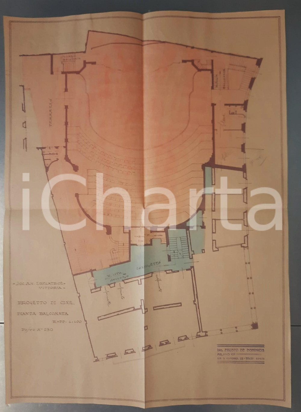 Mappa, planimetria storica 1925 ca MILANO Edificatrice VITTORIA  Progetto cinema SAN CARLO  1Â° Piano 1