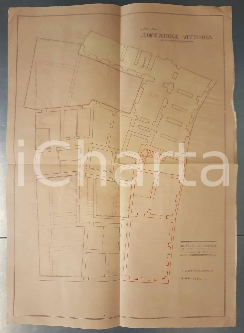 Mappa, planimetria storica 1925 ca MILANO Soc. VITTORIA  Progetto cinema SAN CARLO  Stato sotterraneo 1