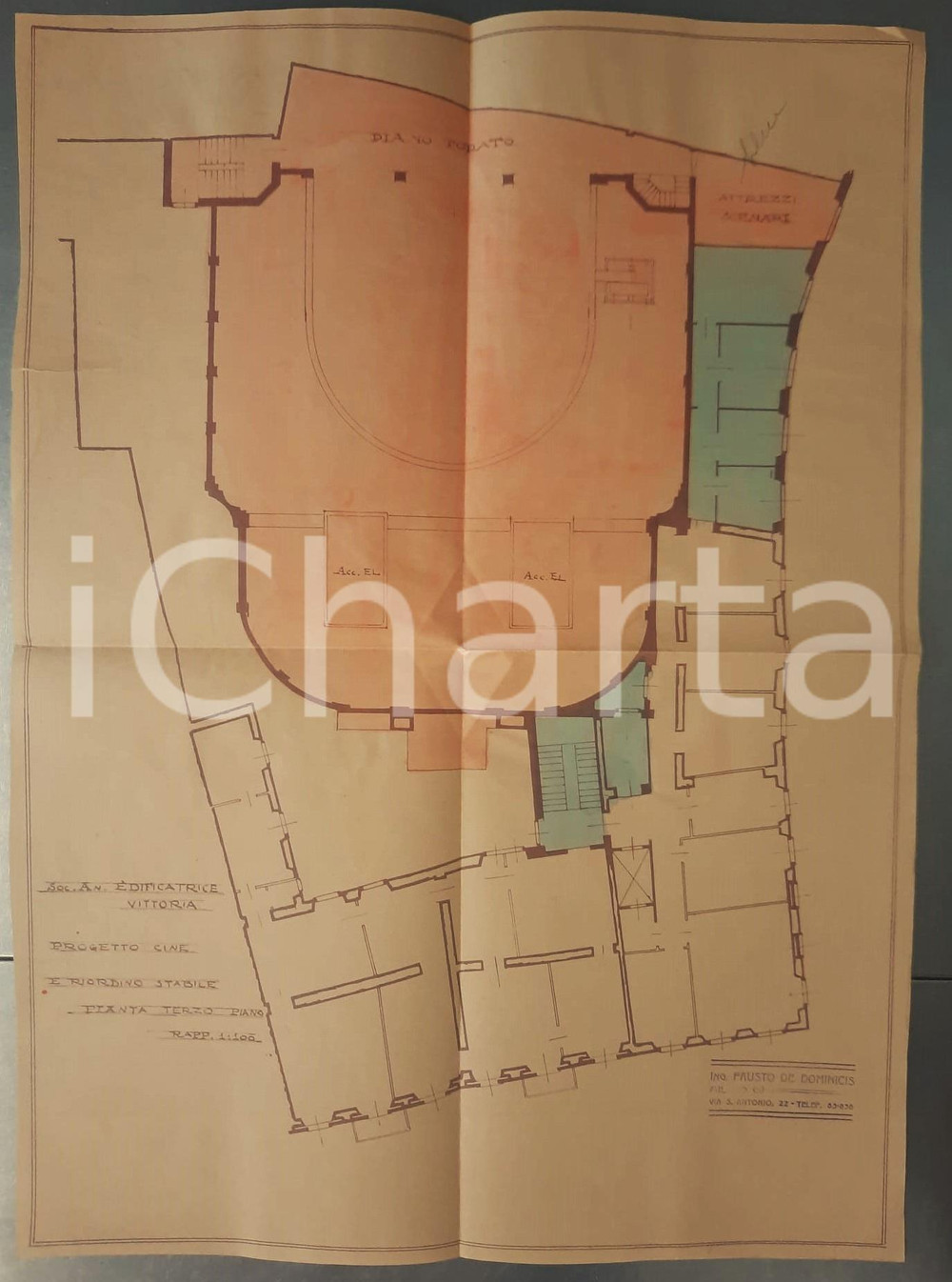 Mappa, planimetria storica 1925 ca MILANO Edificatrice VITTORIA  Progetto cinema SAN CARLO  3Â° Piano 1