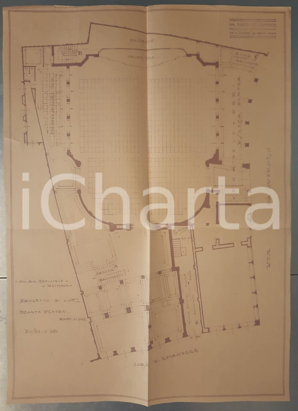 Mappa, planimetria storica 1925 ca MILANO Edificatrice VITTORIA  Progetto cinema SAN CARLO  Pianta platea 1