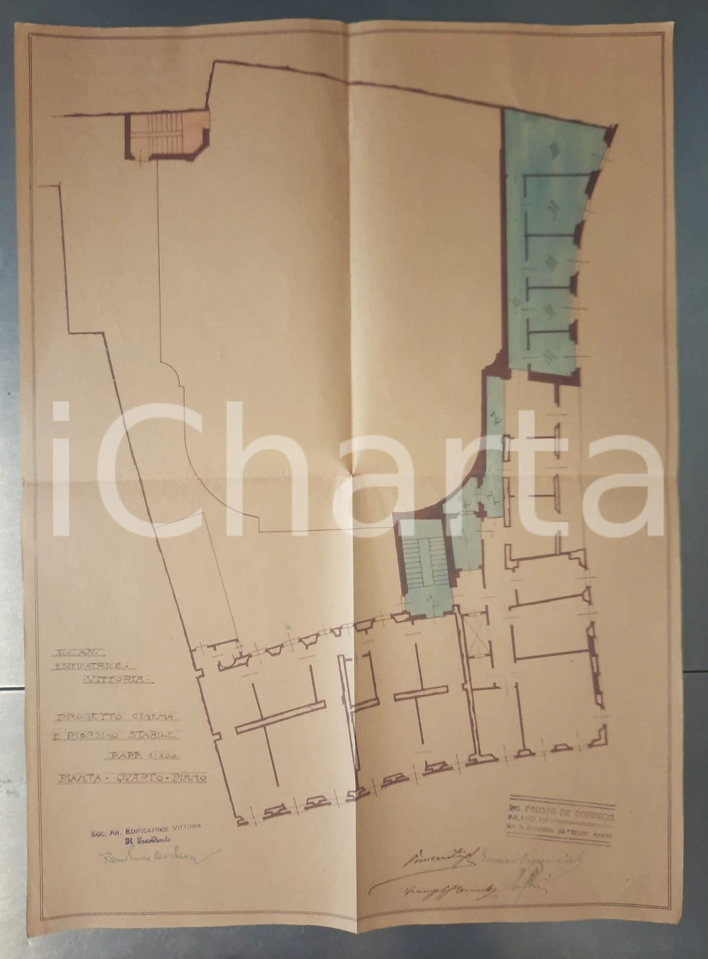 Mappa, planimetria storica 1925 ca MILANO Edificatrice VITTORIA Progetto cinema SAN CARLO  4° Piano 1