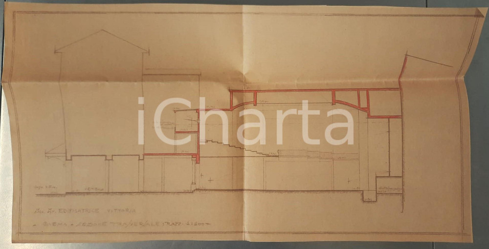 Mappa, planimetria storica 1925 ca MILANO Soc. VITTORIA  Progetto cinema SAN CARLO  Sezione trasversale 1