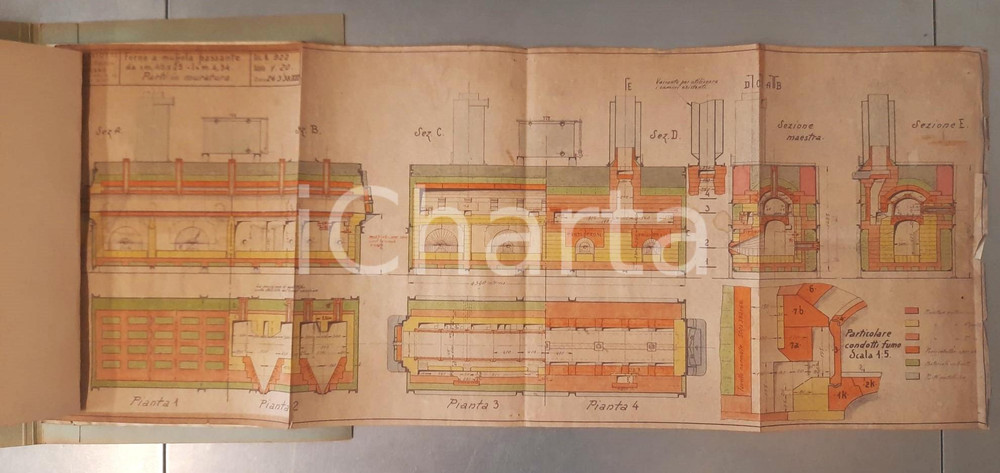 Documento originale, autentico 1940 ca MILANO Studio SAVIOTTI  Forno a muffola passante Fascicolo con disegno 1