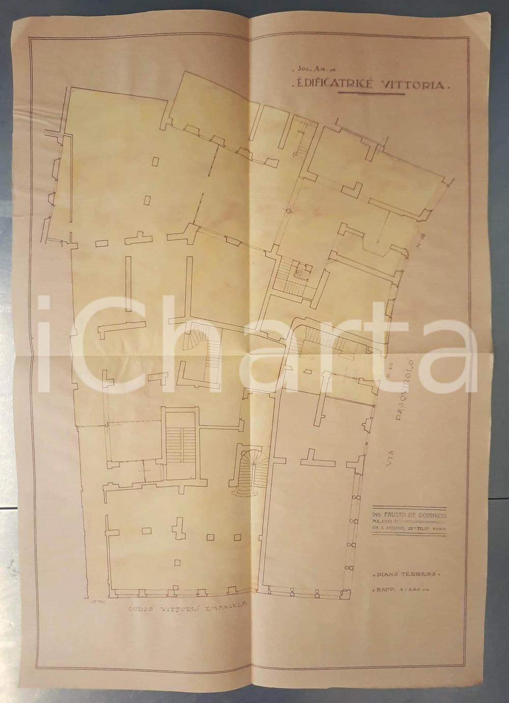 Mappa, planimetria storica 1925 ca MILANO Soc. VITTORIA  Progetto cinema SAN CARLO  Stato pianterreno 1