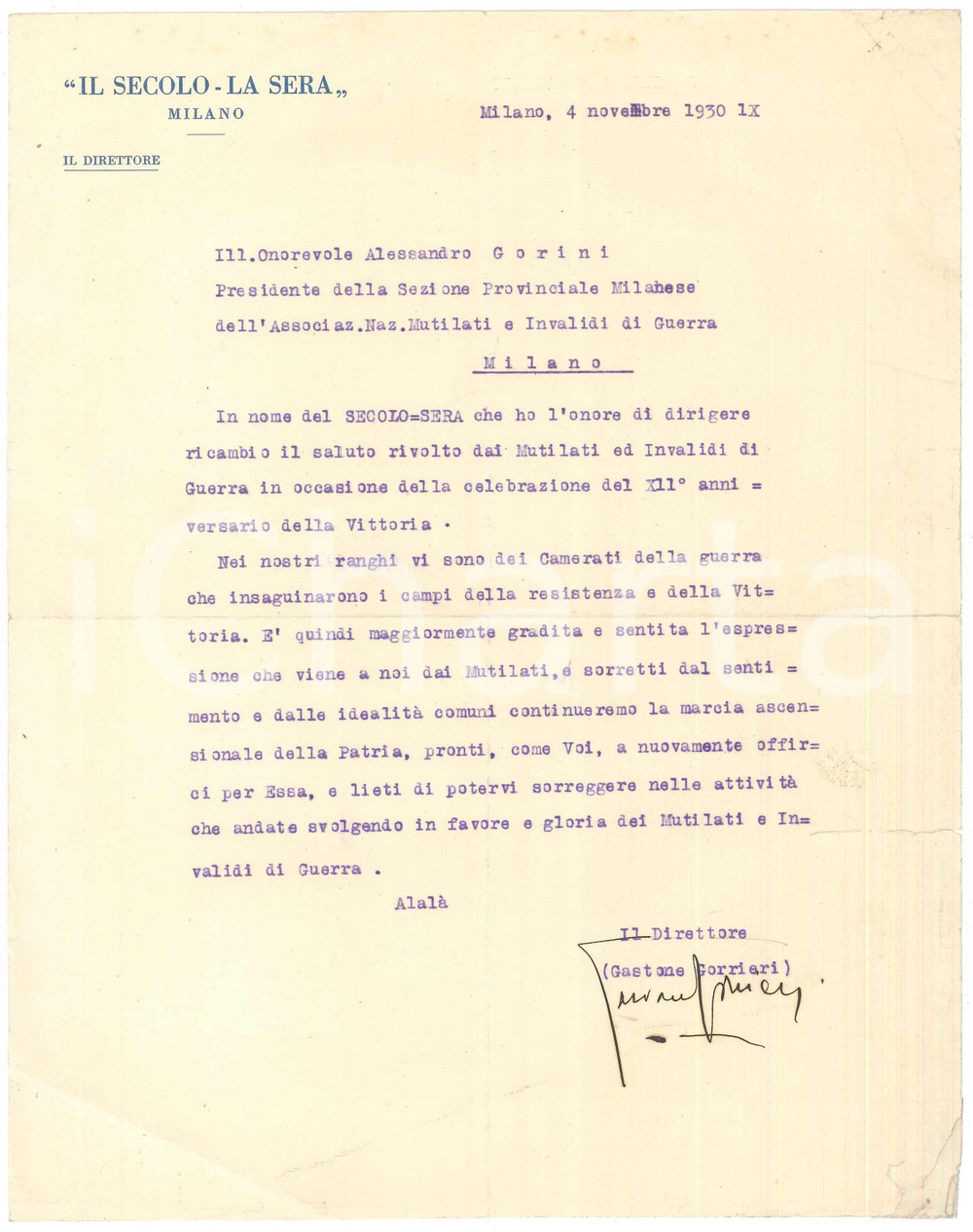 Autografo originale 1930 MILANO IL SECOLO  LA SERA Lettera Gastone GORRIERI ai Mutilati  Autografo 1