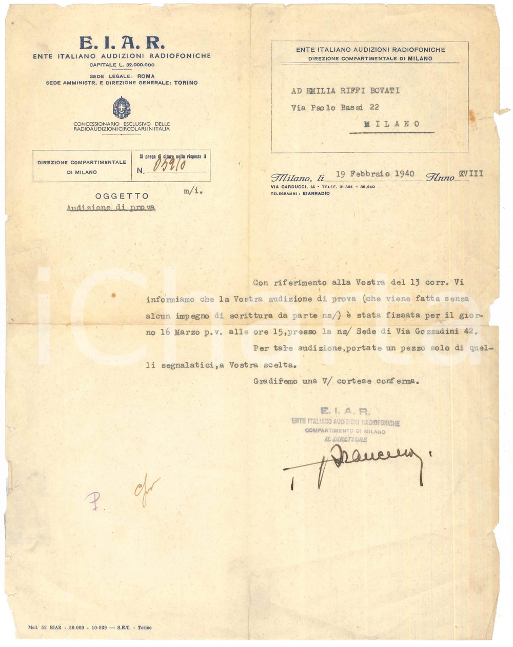 Autografo originale 1940 E.I.A.R.  Sezione di MILANO  Lettera per audizione di prova 1
