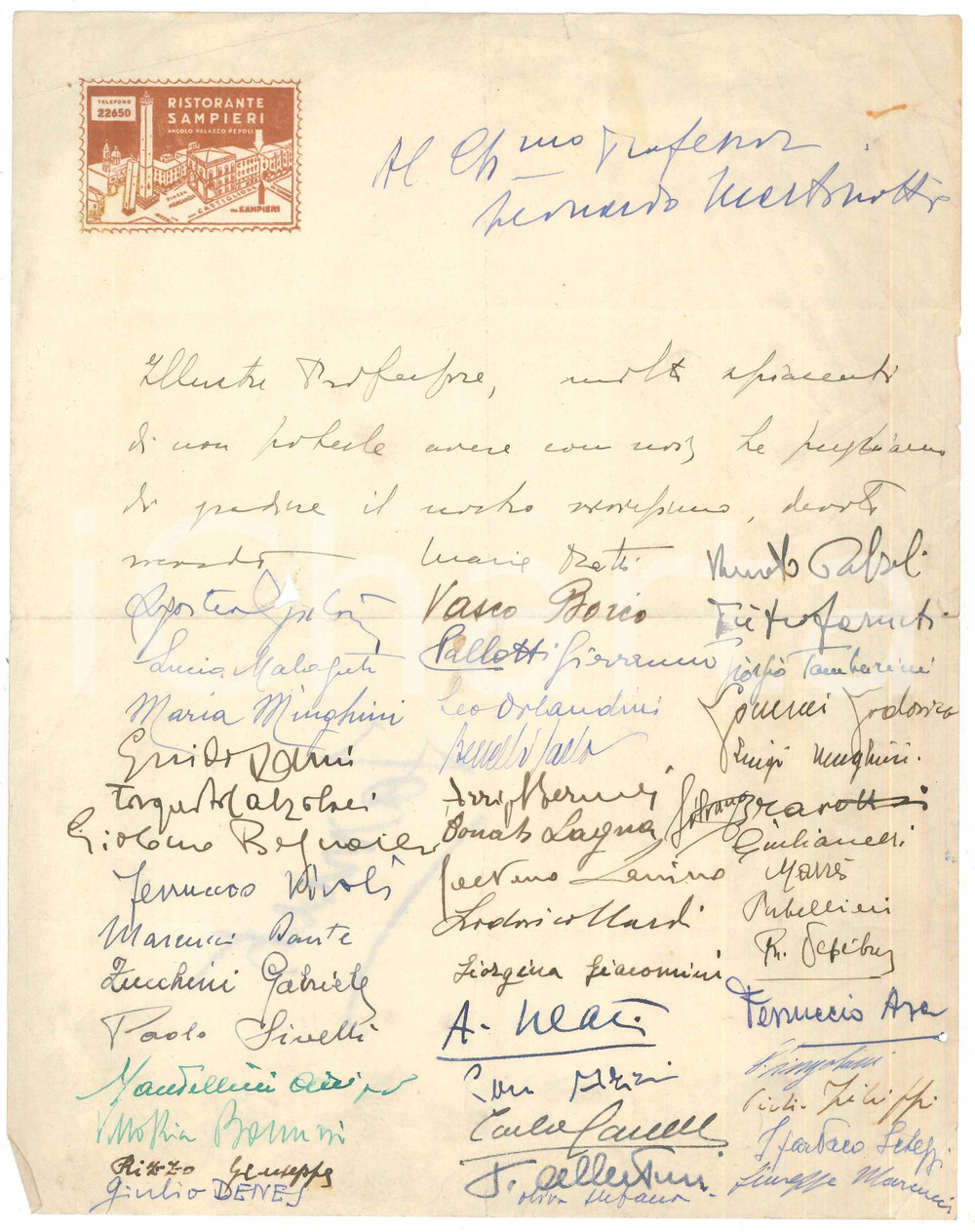 Autografo originale 1960 ca Università BOLOGNA  Allievi prof. Lenardo MARTINOTTI Lettera AUTOGRAFI 1