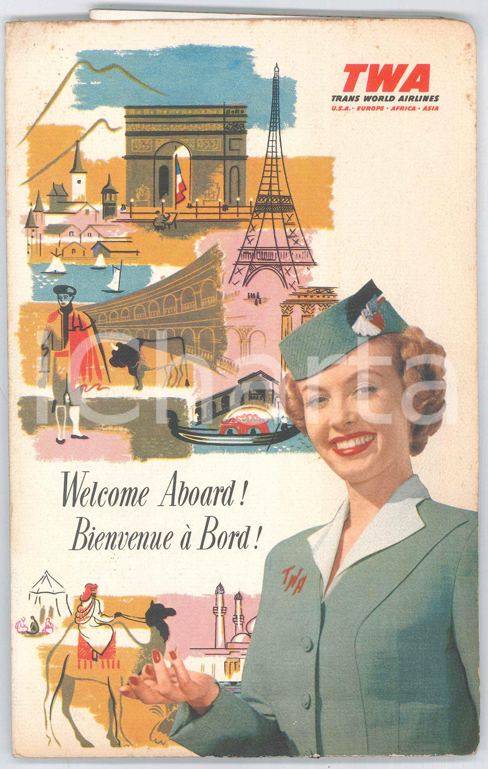 Materiale pubblicitario d’epoca 1957 TURISMO  TWA AIRLINES  Cartella con pieghevoli pubblicitari ILLUSTRATI 1