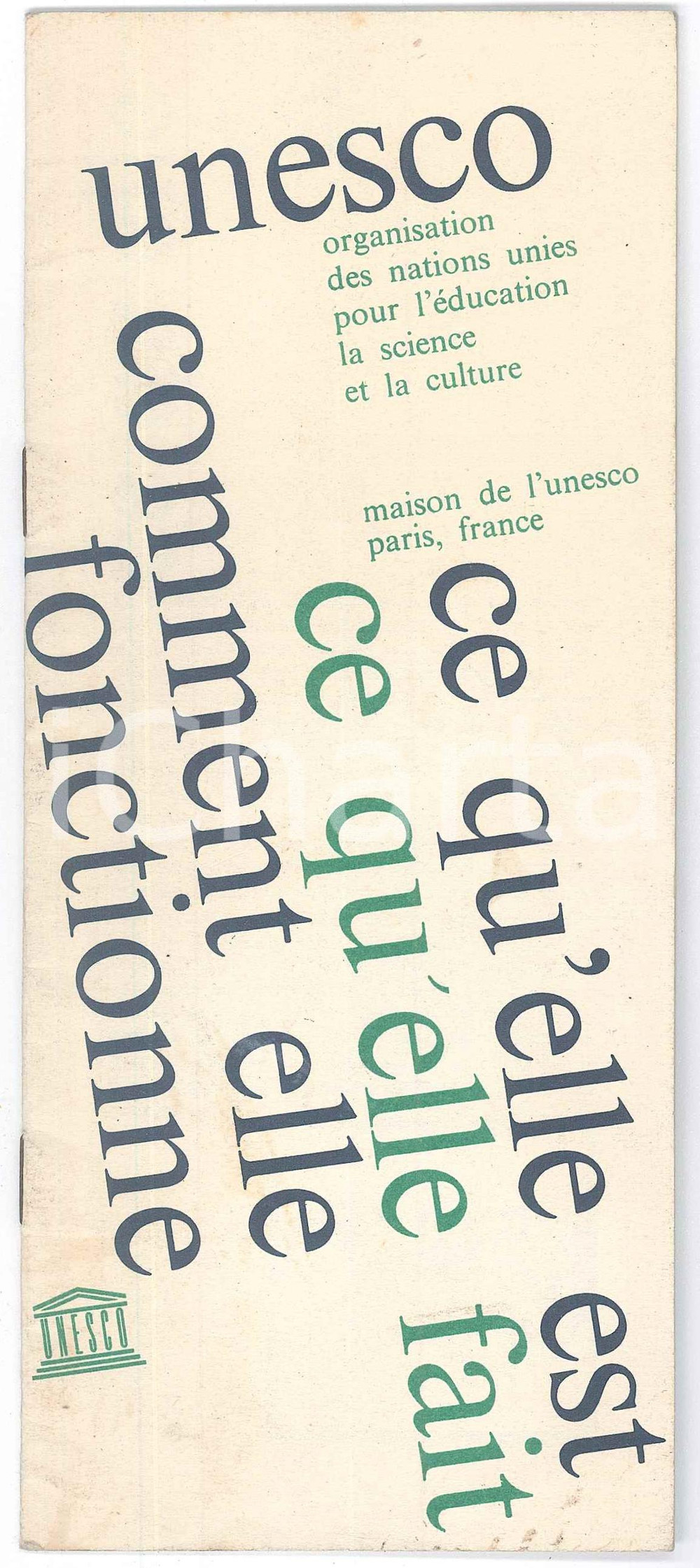Materiale pubblicitario d’epoca 1962 PARIS  UNESCO Organisation Nations Unies  Brochure FRENCH 1