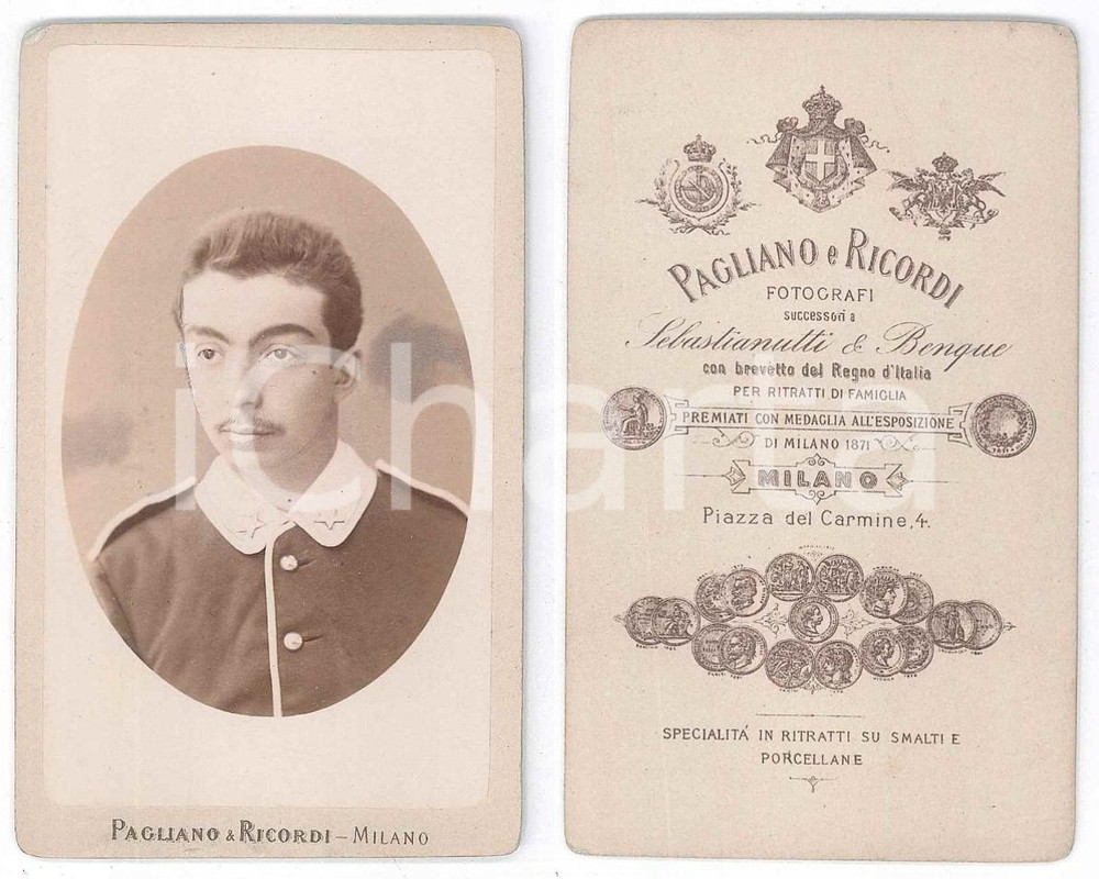 Fotografia d epoca originale 1880 ca MILANO REGIO ESERCITO  Allievo ufficiale  Foto PAGLIANO E RICORDI CDV 1