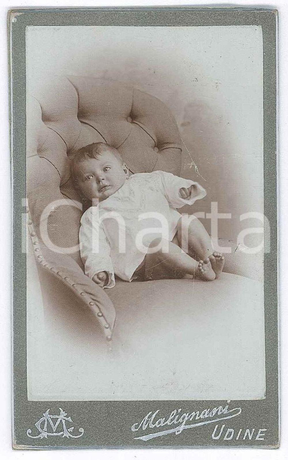 Fotografia d epoca originale 1900 ca UDINE Bambino in poltrona  Ritratto Foto Giuseppe MALIGNANI CDV 1