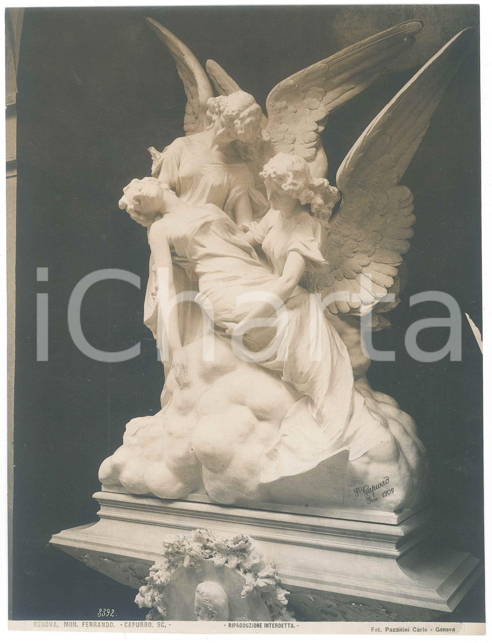 Fotografia d epoca originale 1910 ca GENOVA Cimitero Staglieno  Monumento FERRANDO Foto Carlo PAGANINI 1