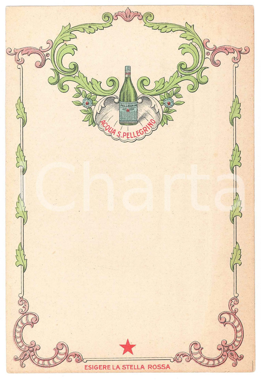 Oggetto da collezione cartaceo 1920 ca Acqua minerale SAN PELLEGRINO  MenÃ¹ pubblicitario VINTAGE 1