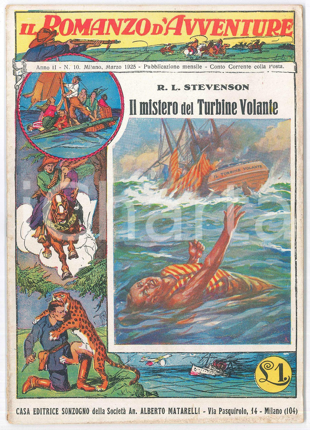 Giornale, rivista storica 1925 R.L. STEVENSON Mistero del Turbone Volante ROMANZO D AVVENTURE n.10 Anno II 1