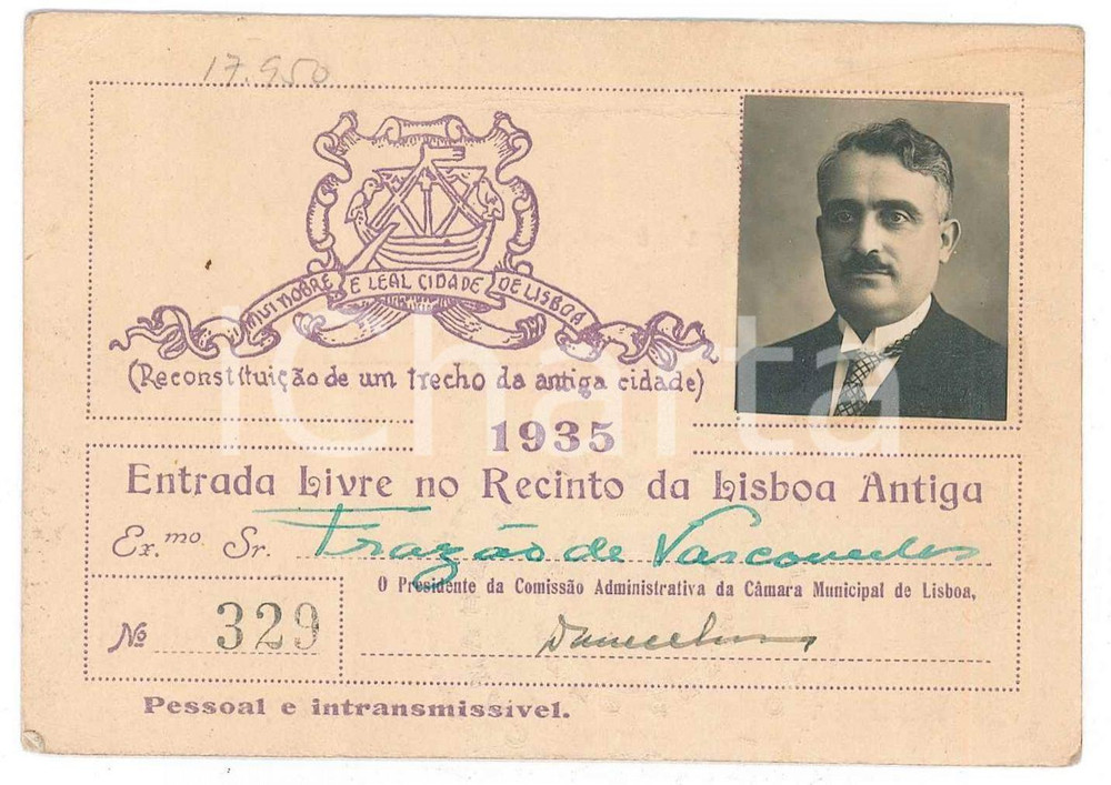 Oggetto da collezione cartaceo 1935 LISBOA PORTUGAL Entrada livre no recinto da Lisboa Antiga  Bilhete 1
