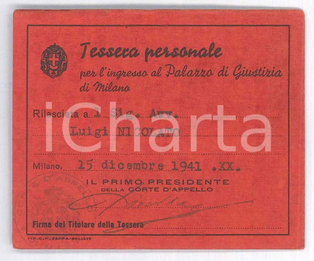 Oggetto da collezione cartaceo 1941 MILANO Palazzo di Giustizia  Tessera ingresso avv. Luigi NICOLATO 1